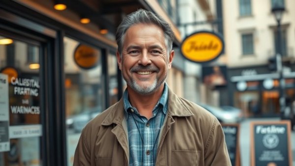 Confident smiling man stands outside small business, sunshine lighting.