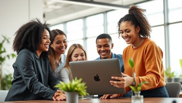 Team collaborating on laptop for small business web design in modern office.