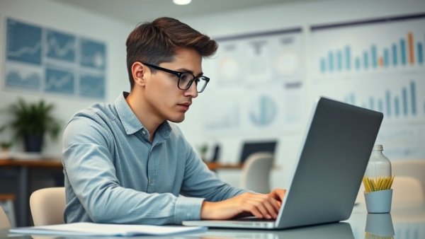 Young man working on laptop for small business website conversion optimization in modern office.