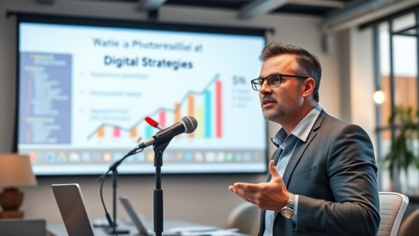 Confident speaker on digital advertising performance sharing insights with modern visuals.