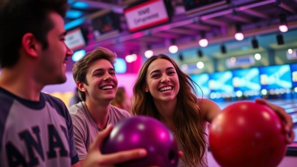 Real Life Trend: Young people bowling with excitement in neon-lit alley.