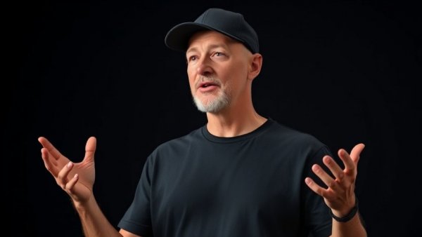 Motivational speaker exploring self-identity in a photorealistic scene.