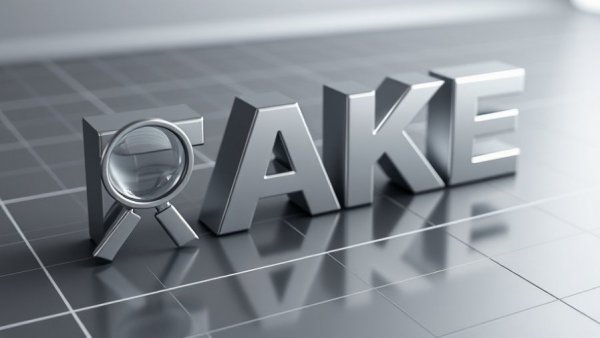 Digital concept of fake with magnifying glass on gray.