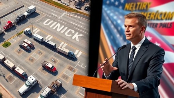 Man at podium and semi-trucks; English only CDL testing concept.