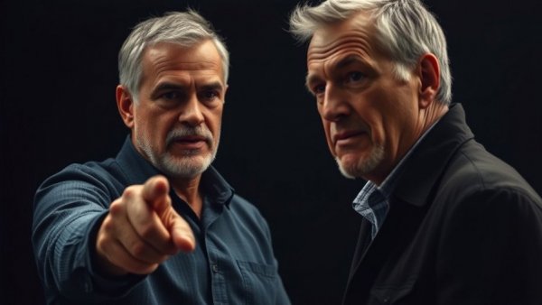 Assertive middle-aged man engaged in discussion about AI in restaurants, dark background.