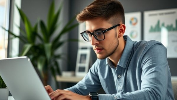 Young man analyzing blog performance data on a laptop.