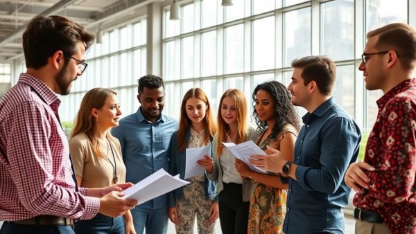 Diverse team discussing suggestions to improve customer service in bright office.