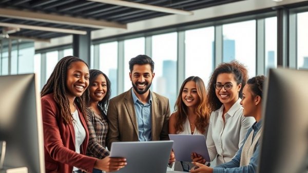 Diverse team reviewing SEO analytics and tracking data in a bright office.
