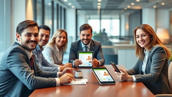 Business team discussing loyalty rewards programs in a modern office.