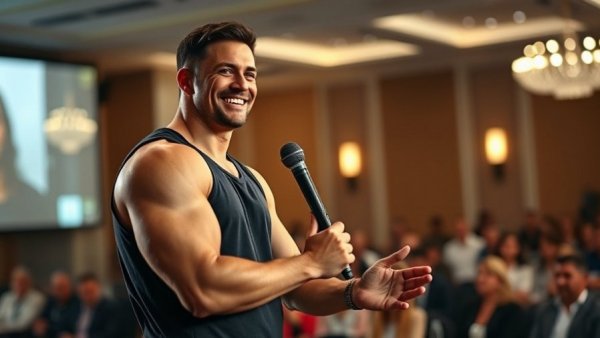 Muscular man at conference discussing paths to top 1% income.