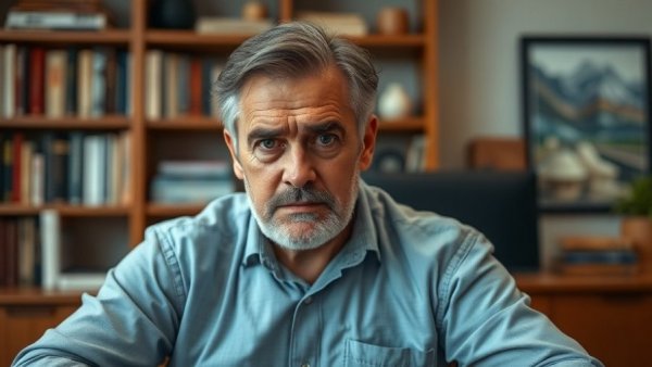 Man at desk with concerned look, office background.