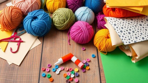 Colorful crafting supplies on wooden table, related to Craft Outlet coupon codes.