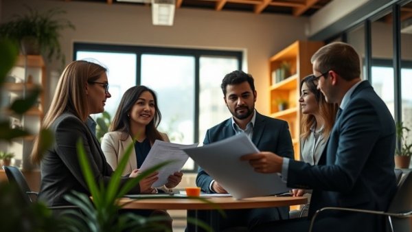 Team meeting discussing background checks in a modern office.