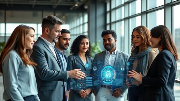 AI Content Creation team analyzing data on futuristic screen in office.