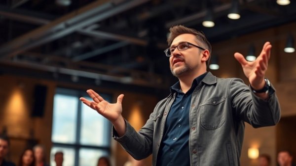 Passionate speaker discussing future trends on stage; The Next 5 Years Are Gonna Be Nuts.