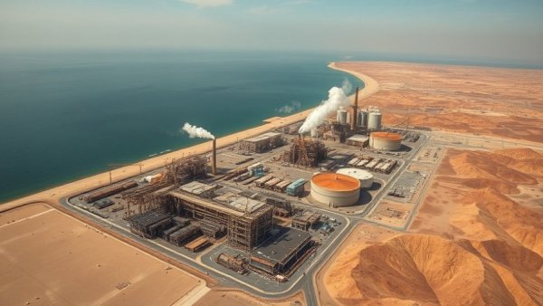 Aerial view of industrial coastline and facilities reflecting Iran conflict's impact.