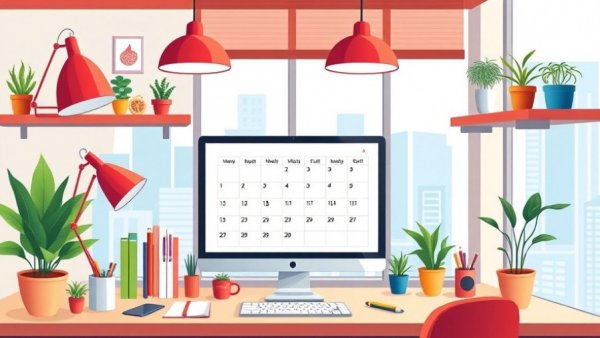 Modern workspace with digital monthly content calendar template