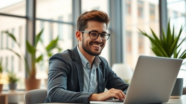 AI in Small Businesses: Professional using laptop in a modern office.