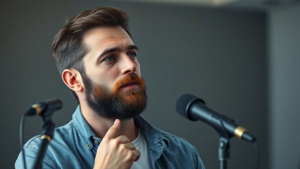 Bearded man discussing in studio, Building Relationships in Business, soft lighting.
