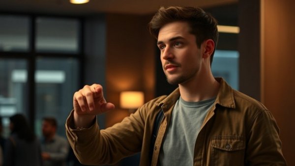 Person discussing content creation with a focused expression.