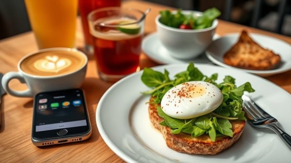 Avocado toast breakfast with coffee and QSR app on phone