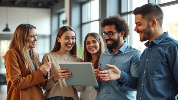 Team discussing one-page website strategy on tablet.