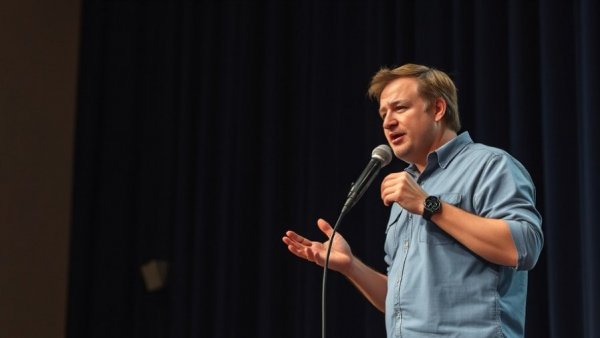 Speaker discussing business struggles on stage in casual attire.