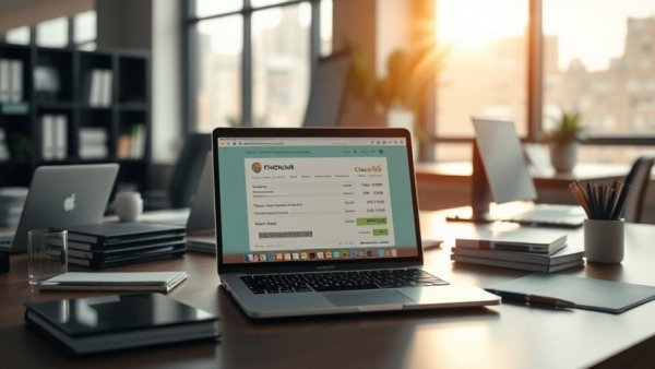 Modern office desk with laptop showing paycheck, understanding paychecks.