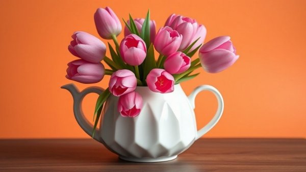 Spring reset for restaurants: Pink tulips in teapot on orange background.