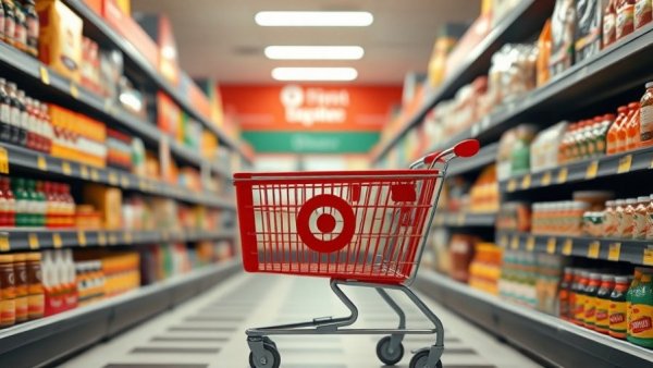 Target shopping cart in grocery aisle highlighting store expansion.