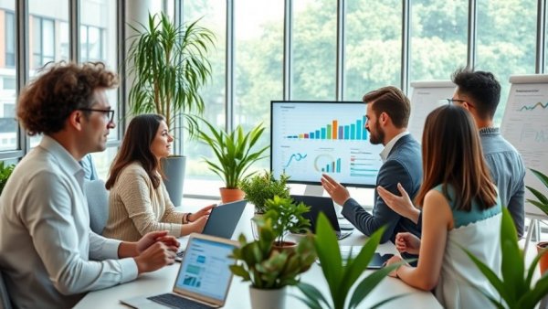 Professionals analyzing customer satisfaction surveys in a vibrant office.