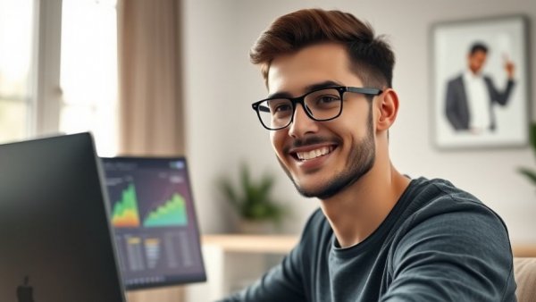Young professional working on AI-Powered Blogging in a bright office.