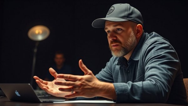 Man explaining business strategies at desk in studio setting.