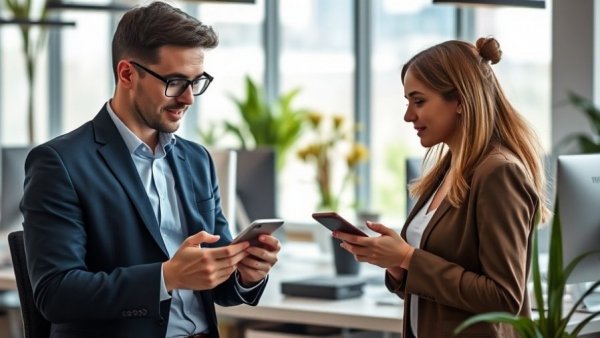 Focused team discussing scroll-based website design in office.