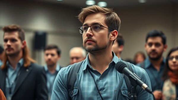 Contemplative man at conference with microphone in focus.