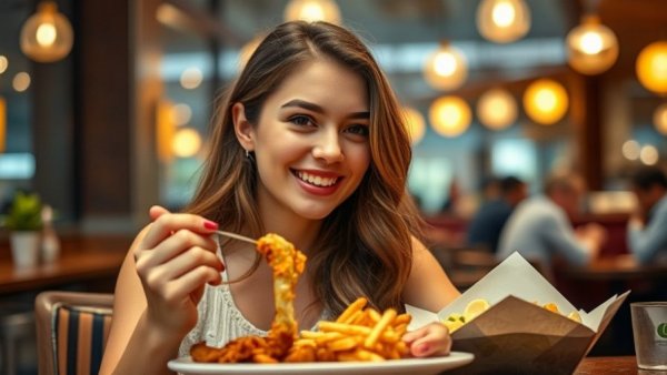 Young woman at a restaurant enjoying a meal, showcasing social media marketing potential.