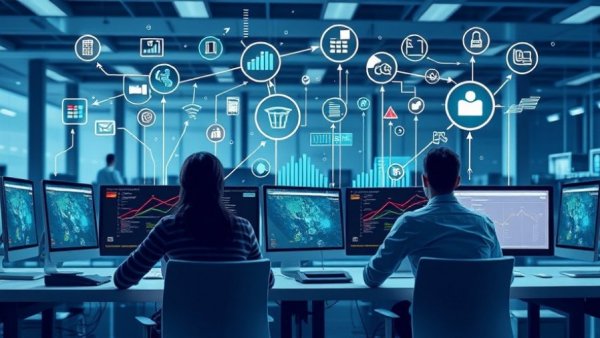 Illustration showing payroll system software benefits in a digital office.