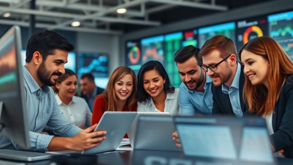 Team analyzing data for AI content optimization in modern office.