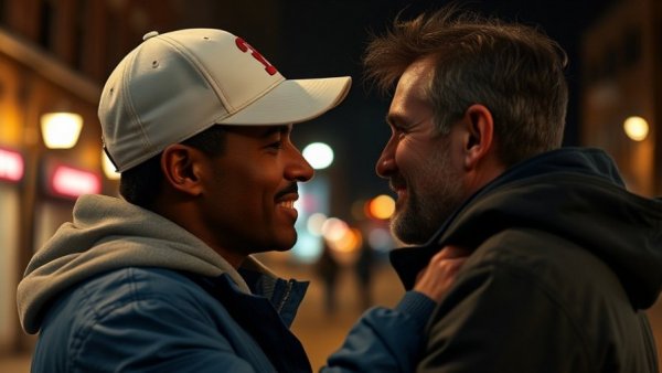 Heartfelt connection between two people, captured in a dimly lit urban scene. This video never gets old.