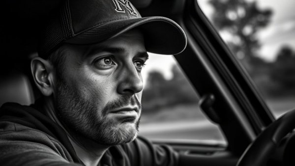 Thoughtful man in a cap with 'successful' text overlay in a black and white portrait.