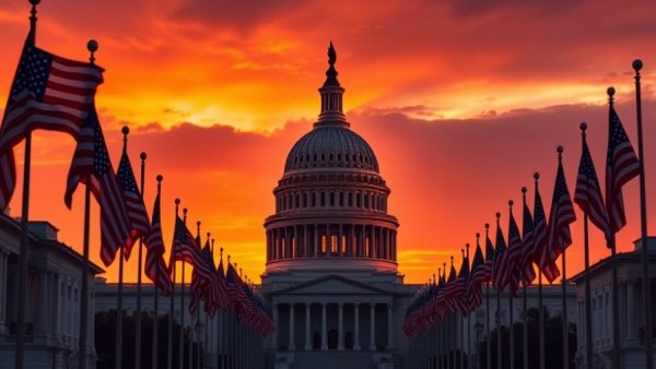 U.S. Capitol and flags during sunset, symbolizing U.S. Budget Deficit.