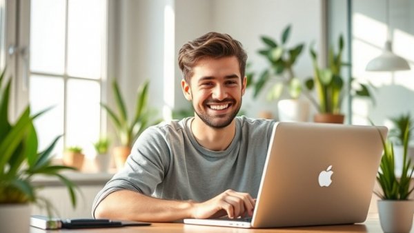 Young man smiling while using a laptop, simplicity in online conversions.