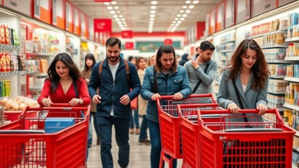 Shoppers with carts at Target amid price cuts on 3000 items.