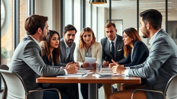 Business team discussing negotiation strategies for conflict resolution.