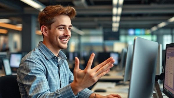 Confident young man using computer in modern office.