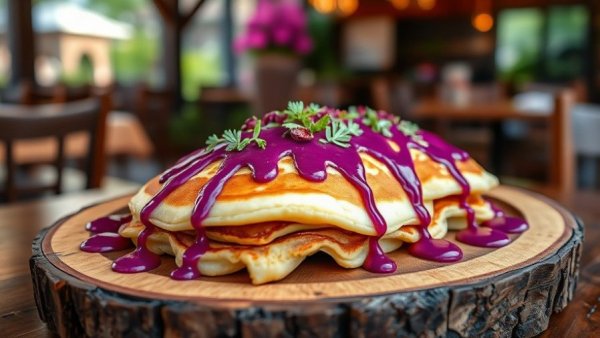 Gourmet pancakes with purple sauce highlighting restaurant design and operational efficiency.
