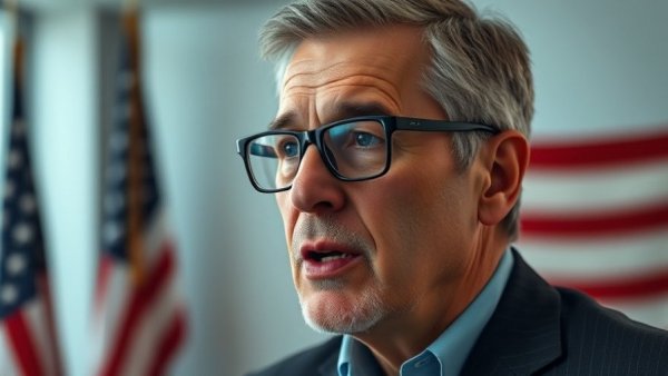 Experienced speaker discussing politics on camera with patriotic backdrop.