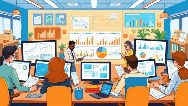 Illustration of Paychex EIB concept with employees handling data and analytics.