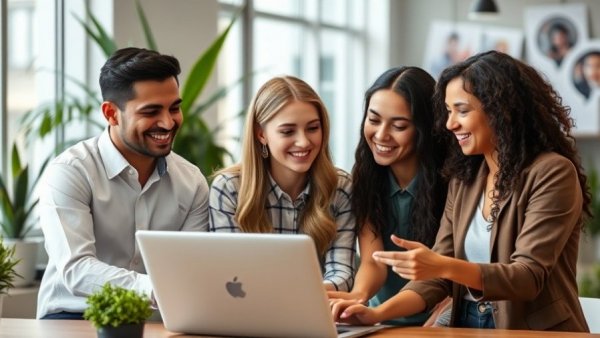 Young professionals collaborate on AI video creation for small businesses.