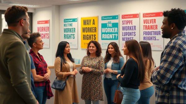 Group discussing employee rights in an office with advocacy posters.